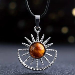 Tiger Eye Natural Stone Sun Sunflower Pendant Hollow Pattern Gemstone Necklace